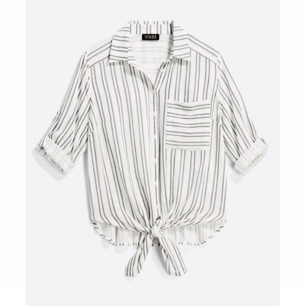 Vixbe Monochrome Striped Tie-Front Shirt
